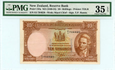 New Zealand
Reserve Bank
10/- Shillings, ND (1940-1955)
S/N 6/J 704620
Signature of T. P. Hanna
Printer: TDLR
Watermark: Maori Chief
Pick 158a

Graded...