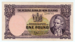 New Zealand
Reserve Bank
1 Pound, ND (1940-1955)
S/N 6/M 298761
Signature of T. P. Hanna
Printer: TDLR
Watermark: Maori Chied
Pick 159a

Extremely fin...