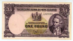 New Zealand
Reserve Bank
1 Pound, ND (1940-1955)
S/N C/50 920260
Signature of T. P. Hanna
Printer: TDLR
Watermark: Maori Chied
Pick 159a

Very fine.

...