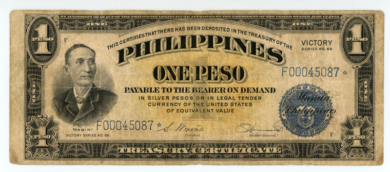 Philippines
Treasury (Philippines)
1 Peso (Victory), ND (1944)
S/N F00045087* (S...