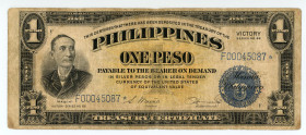 Philippines
Treasury (Philippines)
1 Peso (Victory), ND (1944)
S/N F00045087* (Star-Replacement)
Signatures of Osmeña and Hernandez
Printer: BEP (Bure...