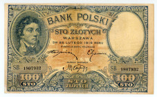 Poland
Bank Polski
100 Zlotych, 28th February 1919 (1924)
S/N S.B. 1807932
Printer: W&S
Watermark: Head of Tadeusz Kościuszki
Pick 57

About very fine...