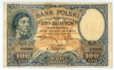 Poland
Bank Polski
100 Zlotych, 28th February 1919 (1924)
S/N S.C. 4753098
Printer: W&S
Watermark: Head of Tadeusz Kościuszki
Pick 57

About very fine...