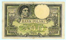 Poland
Bank Polski
500 Zlotych, 28th February 1919 (1924)
S/N S.A. 3274725
Printer: W&S
Watermark: Head of Tadeusz Kościuszki
Pick 58

About very fine...