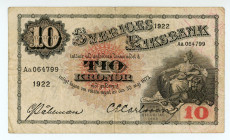 Sweden
Sveriges Riksbank
10 Kronor (Red value), 1922
S/N Aa. 064799
Pick 34e

Good fine.

From the “Yankee” Collection of banknotes.