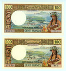 Tahiti (French Polynesia)
Lot of 2 banknotes comprising 100 Francs (2), ND (1971)
S/N H.2 17059 and X.1 46364
Overprint PAPEETE with "RÉPUBLIQUE FRANÇ...