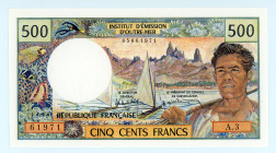 Tahiti (French Polynesi)
Insitut d' Emission d' Outre-Mer
500 Francs, ND (1985)
S/N A.3 61971
Overprint PAPEETE with "RÉPUBLIQUE FRANÇAISE"
Signatues ...