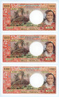 Tahiti (French Polynesia)
Lot of 3 banknotes comprising 1.000 Francs (3), ND (1985)
S/N A.011 33327, -28 (consecutive numbers), T.010 50164
Overprint ...