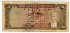 Turkey
Türkiye Cümhuriyet Merkez Bankasi
50 Lirasi (Brown reverse), 1970 (1971)
S/N O70 070158
Without "SERi"
Signatures of Naim Talu and Nevzat Alptü...