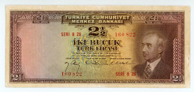 Turkey
Türkiye Cümhuriyet Merkez Bankasi
2 1/2 Lirasi, ND (1947)
S/N B28 160822
Printer: BWC
Watermark: İnönü
Pick 140

About very fine, pinholes.

Fr...