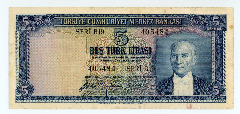 Turkey
Türkiye Cümhuriyet Merkez Bankasi
5 Lirasi, 1930 (1952)
S/N b19 405484
Si...
