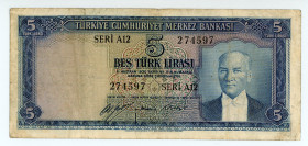 Turkey
Türkiye Cümhuriyet Merkez Bankasi
5 Lirasi, 1930 (1952)
S/N A12 274597
Signatures of Osman Nuri Göver, Reşat Aksan and Kamil Kıbrızlı
Printer: ...