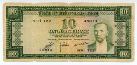 Turkey
Türkiye Cümhuriyet Merkez Bankasi
10 Lirasi, 1930 (1953)
S/N T22 48813
Signatures of Osman Nuri Göver, Reşat Aksan and Kamil Kıbrızlı
Printer: ...