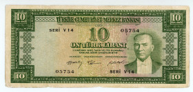 Turkey
Türkiye Cümhuriyet Merkez Bankasi
10 Lirasi (Brown reverse), 1930 (1958)
S/N V14 05754
Signatures of Nail Gidel, Emir Sencer and Kamil Kıbrızlı...