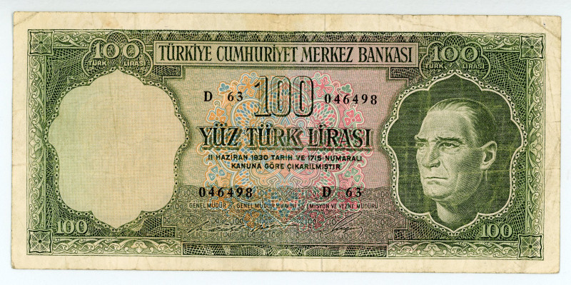 Turkey
Türkiye Cümhuriyet Merkez Bankasi
100 Lirasi (Green reverse), 1970 (1969)...