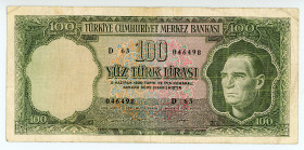 Turkey
Türkiye Cümhuriyet Merkez Bankasi
100 Lirasi (Green reverse), 1970 (1969)
S/N D63 046498
Without "SERi"
Signatures of Naim Talu, Nevzat Alptürk...