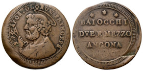 ANCONA
Pio VI (Giannangelo Braschi), 1775-1799.
San Pietrino da 2 e ½ Baiocchi 1796 (data non impressa).
Æ
gr. 13,91
Dr. S• P - APOSTOLORUM PRINC...