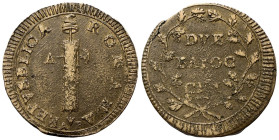 ANCONA
Prima Repubblica Romana, 1798-1799.
Due Baiocchi s. data.
Æ
gr. 16,38
Dr. REPVBLICA - ROMANA. Fascio con scure e sormontato da pileo; a s....