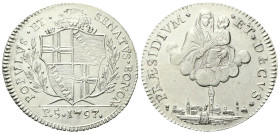 BOLOGNA
Governo Popolare, 1796-1797.
Mezzo Scudo 1797 da 5 Paoli con mura orizzontali.
Ag
gr. 14,38
Dr. POPVLVS • ET • - SENATVS • BONON •. Stemm...