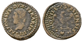FERRARA
Alfonso I d’Este, 1505-1534.
Denaro.
Cu
gr. 1,31
Dr. ALFONSVS •DVX •FERRARIAE• III. Testa barbuta a s.
Rv. NOBILITAS •AESTENSIS. Aquila ...