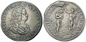 FIRENZE
Cosimo III de’Medici, Granduca di Toscana, 1670-1723.
Piastra 1683.
Ag
gr. 30,89
Dr. ★COSMVS• III• D• G• MAG• DVX •ETRVRIAE• VI★. Busto d...