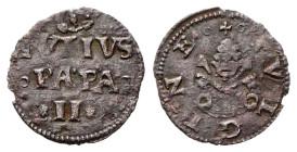 FOLIGNO
Giulio II (Giuliano della Rovere), 1503-1513.
Picciolo.
Æ
gr.0,47
Dr. IVLIVS / PAPA / II. Iscrizione disposta su tre righe; sopra, trireg...