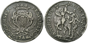 LUCCA
Repubblica, 1369-1799. 
Scudo 1744.
Ag
gr. 26,57
Dr. RESPUBLICA(trifoglio) - LUCENSIS (trifoglio). Stemma a cuore con LIBERTAS e, giglio in...