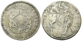 LUCCA
Repubblica 1369-1799.
Scudo 1754 detto Panterino.
Ag
gr. 25,13
Dr. RESPVBLICA - LVCENSIS (trifoglio). Stemma in cartella coronato, tra due ...