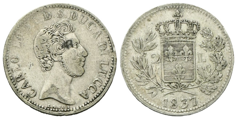 LUCCA
Carlo Ludovico di Borbone, 1824-1847.
2 Lire 1837.
Ag
gr. 9,31
Dr. Te...