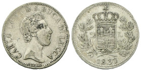 LUCCA
Carlo Ludovico di Borbone, 1824-1847.
2 Lire 1837.
Ag
gr. 9,31
Dr. Testa nuda a d.
Rv. Scudo coronato tra due rami d’alloro e quercia.
Pa...