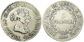 LUCCA E PIOMBINO
Felice e Elisa Baciocchi, 1805-1814.
5 Franchi 1805, busti piccoli.
Ag
gr. 24,53
Dr. FELICE ED ELISA P P•DI LUCCA E PIOMBINO•. B...