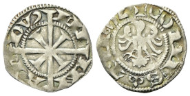 MERANO
Mainardo II Conte, 1271-1295.
Grosso Tirolino.
Ag
gr. 1,40
Dr. ME - IN - AR - DV’. Croce tirolina.
Rv. + COMES (pedone di scacchi) TIROL....