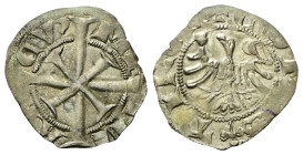 MERANO
Mainardo II Conte, 1271-1295.
Grosso Tirolino.
Ag
gr. 1,01
Dr. ME - IN - AR - DV’. Croce tirolina.
Rv. COMES (trifoglio con gambo) TIROL(...