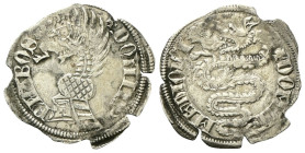 MILANO
Barnabò Visconti, 1378-1385.
Pegione o Grosso da un Soldo e mezzo.
Mi
gr. 2,44
Dr. DOMINVS BNABOS. Elmo e cimiero con drago che tiene il f...