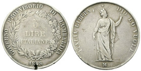MILANO
Governo Provvisorio di Lombardia, 1848.
5 Lire 1848 rami corti, base sottile, stella lontana.
Ag
gr. 24,21
Dr. GOVERNO PROVVISORIO DI LOMB...