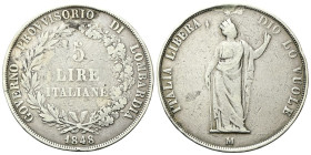 MILANO
Governo Provvisorio di Lombardia, 1848.
5 Lire 1848 rami lunghi, base spessa, stella lontana.
Ag
gr. 24,35
Dr. GOVERNO PROVVISORIO DI LOMB...