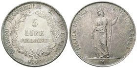 MILANO
Governo Provvisorio di Lombardia, 1848.
5 Lire 1848 rami corti, base sottile e stella lontana.
Ag
gr. 24,83
Dr. GOVERNO PROVVISORIO DI LOM...