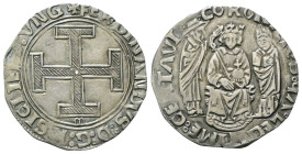 NAPOLI
Ferdinando I d’Aragona (Ferrante), 1458-1494.
Coronato, sigla M gotica.
Ag
gr. 3,94
Dr. +FERDINANDVS: D: G: R :SICI IER:VNG. Croce potenzi...