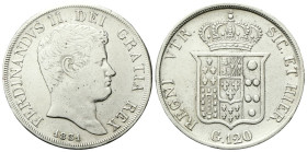NAPOLI
Ferdinando II di Borbone, 1830-1859.
Piastra da 120 Grana 1831.
Ag
gr. 27,32
Dr. FERDINANDVS II - DEI GRATIA REX. Testa nuda a d.
Rv. REG...