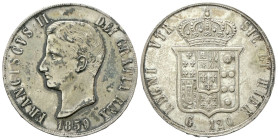 NAPOLI
Francesco II di Borbone, 1859-1860. 
Piastra da 120 Grana 1859.
Ag
gr. 27,32
Dr. FRANCISCVS II• - DEI GRATIA REX. Testa nuda a d.Testa nud...