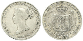 PARMA
Maria Luigia d'Austria, 1814-1847.
2 Lire 1815, zecca di Milano.
Ag
gr. 9,90
Dr. MARIA LUIGIA PRINC. IMP. ARCID. D’AUSTRIA. Busto diademato...