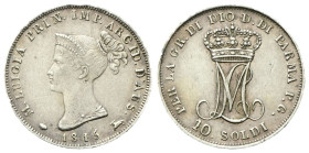PARMA
Maria Luigia d'Austria, 1814-1847.
10 Soldi 1815, zecca di Milano.
Ag
gr. 2,47
Dr. M•LUIGIA PRIN•IMP•ARCID•D’AUS•. Busto diademato a s.
Rv...