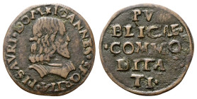 PESARO
Giovanni Sforza Signore, 1489-1500 e 1503-1510. 
Soldo.
Æ
gr. 1,63
Dr. ★IOANNES •SFORTIA •PISAVRI• DOM. Busto corazzato a d., con lunga ca...