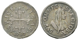 PISA
Gian Gastone de’Medici, 1723-1737.
Mezzo Giulio 1727.
Ag
gr. 1,36
Dr. ASPICE• - • PIS - AS•. Croce pisana.
Rv. SVP• OMNES •SPECIOSA•. Busto...