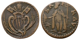 RAVENNA
Benedetto XIV (Prospero Lorenzo Lambertini), 1740-1758.
Quattrino.
Æ
gr. 1,70
Dr. Stemma semiovale sormontato da chiavi decussate e tiara...