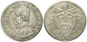 ROMA
Clemente XI (Gian Francesco Albani), 1700-1721.
Piastra a. XV.
Ag
gr. 31,86
Dr. CLEMENS ✶ XI✶ - ✶P ✶ M ✶ AN✶ XV. Busto a s., con camauro, mo...