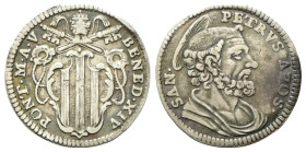 ROMA
Benedetto XIV (Prospero Lorenzo Lambertini), 1740-1758.
Grosso a. V.
Ag
gr. 1,28
Dr. BENED• XIV - PONT• M• A• V. Stemma sormontato da trireg...