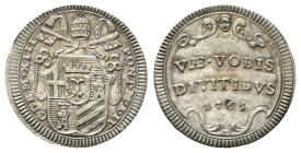 ROMA
Clemente XIII (Carlo della Torre di Rezzonico), 1758-1769. 
Mezzo Grosso 1761 a. IV.
Ag
gr. 0,68
Dr. CLEM• XIII - PONT• M •A• IV. Stemma sor...