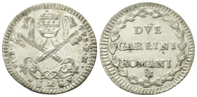 ROMA
Pio VI (Giannangelo Braschi), 1775-1799.
Due Carlini 1796 a. X.
Mi
gr. 5,56
Dr. PIVS •SEX - TVS •P •M• - A - X. Chiavi decussate con doppi c...