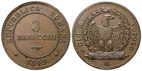 ROMA
Seconda Repubblica Romana, 1848-1849.
3 Baiocchi 1849.
Æ 
gr. 
Dr. ✶REPUBBLICA ROMANA 1849.✶ 3 BAIOCCHI. Iscrizione entro cerchio perlinato....